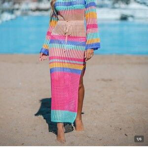 She and Sky Multicolor Crochet Maxi Swim Coverup — Pink, Turquoise, Yellow, Blue